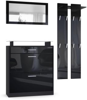 Vladon Garderobe Loret mini, Garderobenset bestehend aus 1 Schuhschrank, 1 Wandspiegel und 2 Garderobenpaneele, Schwarz matt/Schwarz Hochglanz