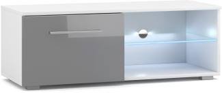 Domando Lowboard Rossano M1 Modern für Wohnzimmer Breite 100cm, LED Beleuchtung in blau, Push-to-open-System, Weiß Matt und Grau Hochglanz