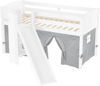Schönes Spielbett für Kinder mit Rutsche 90x200 cm Kiefer weiß V-60. 21W-09mit Vorhang grau