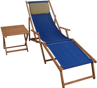 Liegestuhl blau Fußablage Tisch Kissen Deckchair Sonnenliege Gartenliege Holz 10-307 F T KD