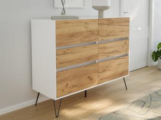 Sideboard Kommode Volo 120cm Greifraum 6 SoftClose Schubladen Weiß/Eiche Front : Oak Gold / Weiss hochglanz