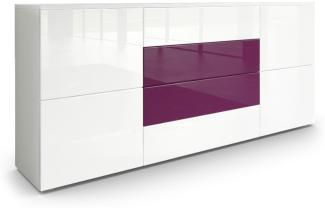 Vladon Sideboard Rova, Kommode mit 4 Türen und 4 Schubladen, Weiß matt/Weiß Hochglanz/Brombeer Hochglanz (166 x 72 x 35 cm)
