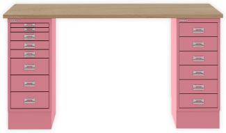 MultiDesk, 1 MultiDrawer mit 6 Schüben, 1 MultiDrawer mit 8 Schüben, Dekor natürliche Eiche, Farbe Pink, Maße: H 740 x B 1400 x T 600 mm