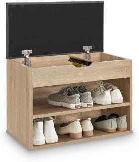 Juskys Schuhregal mit Klappdeckel und gepolstertem Sitz 60x30x44 cm - Schmale Sitzbank aus Holz mit Schuhablage und Polster - Holzoptik-Grau