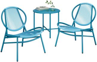 Balkonmöbel, 3er Set, Gartenmöbel-Set, aus PE-Polyrattan, Outdoor, mit Tisch, 2 Stühlen, für Terrasse, Garten, Balkon, seeblau
