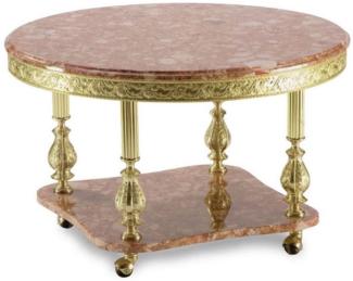 Casa Padrino Luxus Barock Couchtisch Pink / Gold Ø 80 x H. 43 cm - Runder Messing Wohnzimmertisch mit Marmorplatte und Rollen - Barock Wohnzimmer Möbel