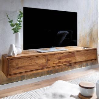 KADIMA DESIGN Massivholz-TV-Kommode zum Aufhängen in Sheeshamholz für moderne Wohnzimmer mit praktischen Schubladen und Oberfläche für 65-Zoll-Fernseher.