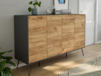 Design Sideboard Kommode Rana 155cm 4 Softclose Türen Grafit/Eiche Front : Oak Gold / Grafit