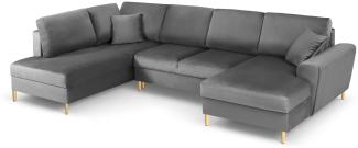Micadoni 7-Sitzer Samtstoff Panorama Sofa Links mit Box und Schlaffunktion Moghan | Bezug Light Grey | Beinfarbe Gold Me.