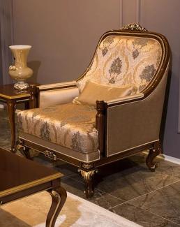 Casa Padrino Luxus Barock Sessel Grau / Braun / Gold 83 x 80 x H. 110 cm - Wohnzimmer Sessel mit elegantem Muster und dekorativem Kissen - Edle Wohnzimmer Möbel im Barockstil