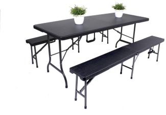 3tlg. Gartentisch Set Sitzgruppe Bank Bänke Esstisch Tisch Rattan Optik schwarz