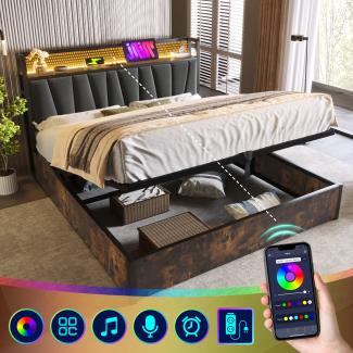 Merax Polsterbett Metallbett LED App-Control Doppelbett mit aufladen USB und LED-Beleuchtung, Metallbett 160x200cm, Holz
