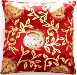 Rot Seide Deko-Kissenbezug mit Wunderschön Digital bedrucktes Golden Floral Design aus Indien - 40cm x 40cm