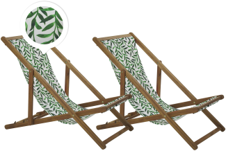 Liegestuhl Akazienholz hellbraun Textil weiß grün Blattmuster 2er Set ANZIO