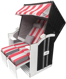 BRAST Strandkorb Sylt 2-Sitzer für 2 Personen 115cm breit rot grau weiß gestreift extra Fußkissen incl. Abdeckhaube Gartenliege Sonneninsel Poly-Rattan