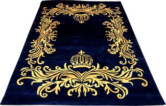 Pompöös by Casa Padrino Luxus Teppich von Harald Glööckler 80 x 150 cm Krone Royalblau / Gold - Barock Design Teppich - Handgewebt aus Wolle