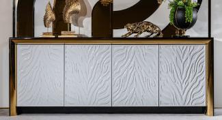 Casa Padrino Luxus Sideboard Schwarz / Weißgrau / Gold 220 x 52 x H. 87,5 cm - Edler Massivholz Schrank mit 4 Türen - Luxus Möbel - Luxus Einrichtung