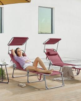 Sonnenliege, klappbarer Liegestuhl, 193 x 53 x 29 cm, max. Belastbarkeit 150 kg, mit Sonnenschutz, Kopfstütze und verstellbarer Rückenlehne, für Garten, Pool, Terrasse, rot GCB192R01
