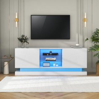 Merax Weißer Hochglanz-TV-Schrank - 1,6 Meter Länge, Verstellbare Glasablage, 70 Zoll Platz, Stilvolle Aufbewahrung mit Silent Hinges