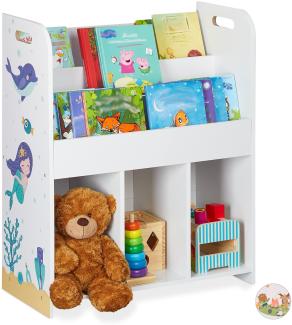 Relaxdays Kinderregal, Spielsachen & Bücher, Mädchen & Jungs, Meerjungfrau Motiv, Spielzeugregal, 75 x 62 x 29 cm, weiß, 1 Stück