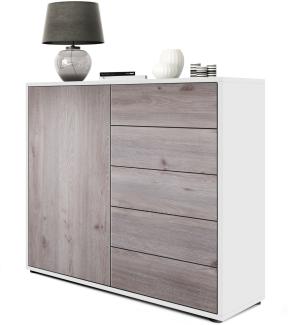 Vladon Sideboard Ben V2, Kommode mit 1 Tür und 5 Schubladen, Weiß matt/Eiche Nordic (79 x 74 x 36 cm)