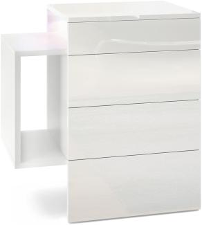 Vladon Nachttisch Queens, Nachttischschrank mit 2 Schubladen und 1 seitlichem Fach zur Wandmontage, Weiß matt/Weiß Hochglanz, inkl. LED Unterbaustrahler weiß (60 x 63 x 36 cm)