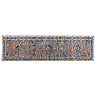 Teppich blau orange 80 x 300 cm orientalisches Muster Kurzflor MIDALAM