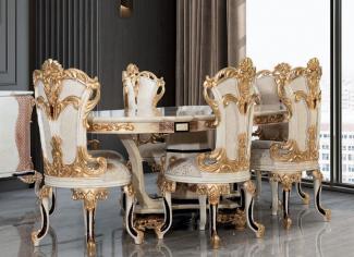 Casa Padrino Luxus Barock Esszimmer Set Creme / Weiß / Gold - 1 Barock Esstisch & 6 Barock Esszimmerstühle - Barock Esszimmer Möbel - Luxus Möbel im Barockstil - Edel & Prunkvoll