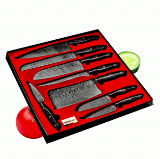 Edelstahl Messerset Kumai 8-teiliges Küchenmesser Set - Kochmesser im Damast Design mit Epoxidharz Griff inkl. Geschenkbox - rostfrei & scharf - Designed in Germany