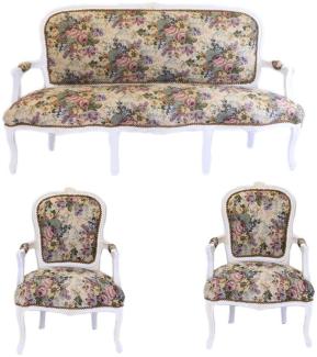 Casa Padrino Barock Sitzbank Set Blumen Muster / Antik Stil Weiß - 1 Sofa + 2 Sessel