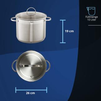 KHG Induktion Kochtopf XXL Topf Großraumtopf | Ø 26 cm und 10 Liter Volumen | Suppentopf, Fleischtopf aus rostfreiem Edelstahl | Topf inkl. Glasdeckel mit Sieb | Innenskala, Ausguss