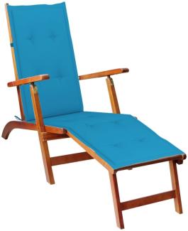 Liegestuhl mit Fußablage aus Akazie mit Auflage in Blau