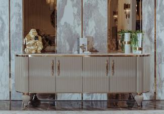 Casa Padrino Luxus Art Deco Sideboard Grau / Weiß / Gold 235 x 54 x H. 90 cm - Edler Massivholz Schrank mit 4 Türen und Kunstmarmor Platte - Art Deco Möbel - Luxus Qualität