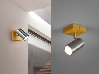 LED Wand- & Deckenstrahler Silber mit Holz 1-flammig Spot schwenkbar