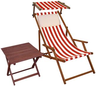 Liegestuhl rot-weiß Gartenstuhl Tisch Sonnendach Kissen Deckchair Buche Strandstuhl 10-314STKH