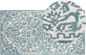 Teppich Wolle weiß blau 80 x 150 cm AHMETLI