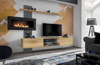 Wohnwand Flame B mit Bio-Kamin in Flagstaff Eiche und Anthracite 250 x 170 x 40