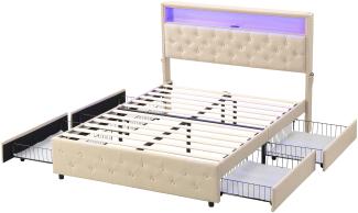 Merax Polsterbett, 140*200, LED-Bett, USB-Schnittstelle, Taschendesign auf beiden Seiten des Nachttisches, mit 4 Schubladen, Leinen, Beige
