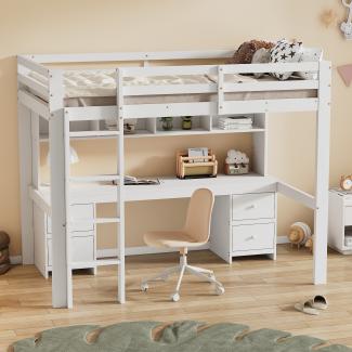 Merax Hochbett Massivholz Kinderbett Etagenbett mit Tisch und Schubladen 90x200cm, weiß