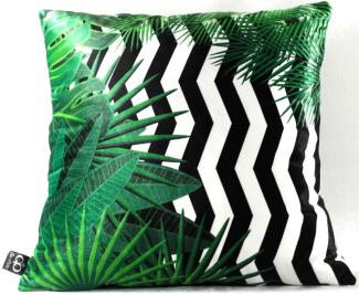 Casa Padrino Luxus Kissen Orlando Palm Leaves Schwarz / Weiß / Grün 45 x 45 cm - Feinster Samtstoff - Deko Wohnzimmer Kissen