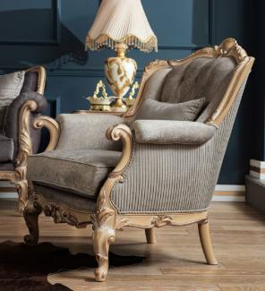 Casa Padrino Luxus Barock Sessel Grau / Naturfarben - Eleganter Wohnzimmer Sessel im Barockstil - Barock Wohnzimmer Möbel
