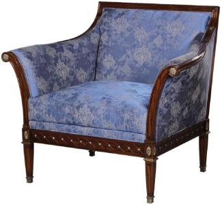 Casa Padrino Luxus Jugendstil Sessel Blau / Braun / Antik Messingfarben 112 x 89 x H. 100 cm - Edler Mahagoni Wohnzimmer Sessel mit elegantem Damastmuster - Barock & Jugendstil Wohnzimmer Möbel