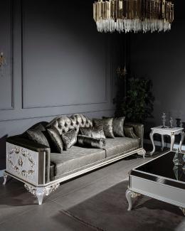 Casa Padrino Luxus Barock Sofa Grün / Weiß / Gold 255 x 92 x H. 91 cm - Prunkvolles Wohnzimmer Sofa mit dekorativen Kissen