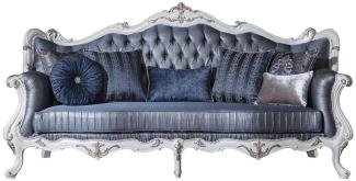 Casa Padrino Luxus Barock Wohnzimmer Sofa mit dekorativen Kissen Blau / Weiß / Silber 240 x 90 x H. 120 cm