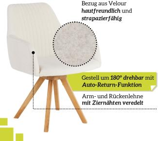 smart 2er Set drehbare Esszimmerstühle mit Armlehnen - Bezug Velours Creme, 180° drehbar mit Auto-Return-Funktion - Massivholz Stuhlbeine - Küchenstuhl, Polsterstuhl mit Schaumstofffüllung