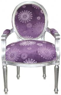 Casa Padrino Luxus Barock Salon Stuhl Lila Blumen Muster / Silber Mod2 Rund Möbel
