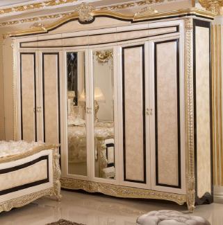 Casa Padrino Luxus Barock Schlafzimmerschrank Weiß / Beige / Schwarz / Gold - Prunkvoller Massivholz Kleiderschrank im Barockstil - Barock Schlafzimmer & Hotel Möbel - Edel & Prunkvoll