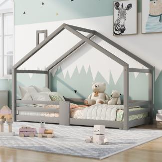 Merax Kinderbett Hausbett mit Schornstein Rausfallschutz Robuste Lattenroste Kiefernholz Haus Bett for Kids, 90 x 200 cm ohne Matratze, Grau