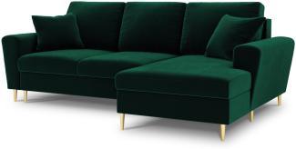 Micadoni 4-Sitzer Samtstoff Ecke rechts Sofa mit Bettfunktion und Box Moghan | Bezug Bottle Green | Beinfarbe Gold Metal