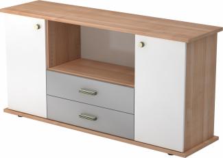 bümö® Sideboard mit Türen, Schubladen und Streifengriffen in Nussbaum/Weiß